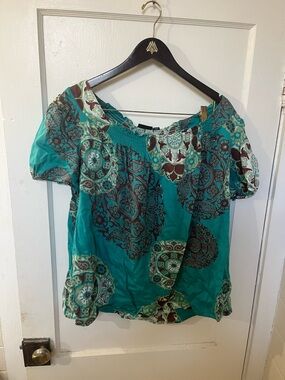 a.n.a Teal Paisley Print Blouse Size 1X Boho Peasant Top EUC
